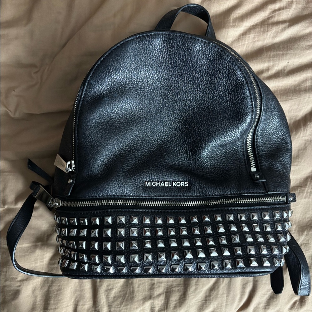 Michael Kors Black Leather Backpack with Silver Accents